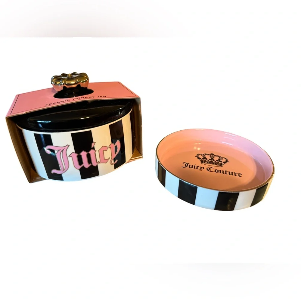 Juicy Couture NWT Black & White Striped Trinket Box & Matching Tray Ceramic Set